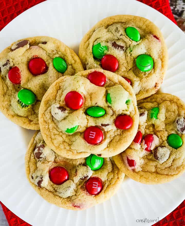 overhead shot of a plate of M & M christmas cookies