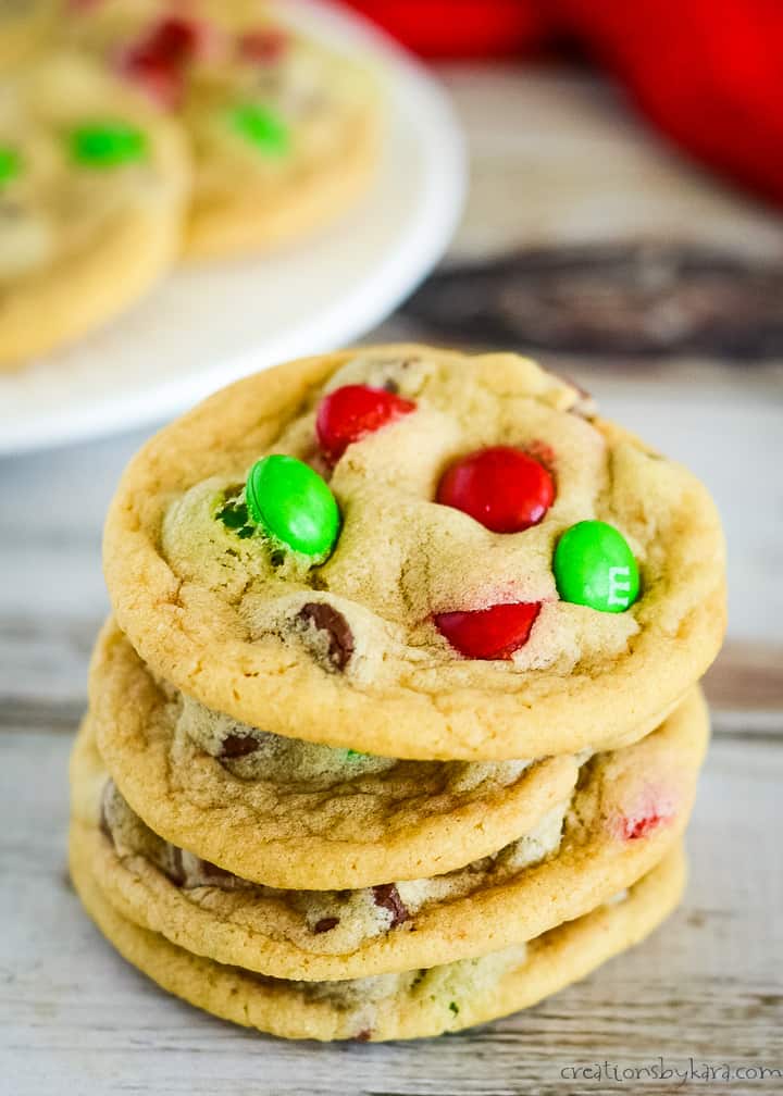 stack of M&M Christmas cookies with red and green M&M's