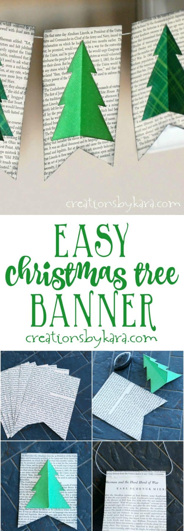 Step by step tutorial for making an easy Christmas Tree Banner from old book pages. A super easy Christmas decor project!