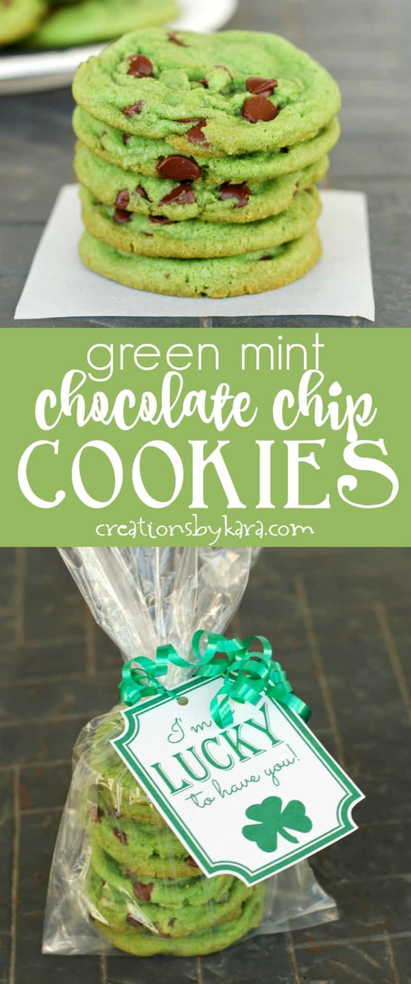 Green Mint Chocolate Chip Cookies - these tasty mint cookies are colored green for St. Patrick's Day. A fun and easy treat! #stpatricksday #mintcookies #greenfood