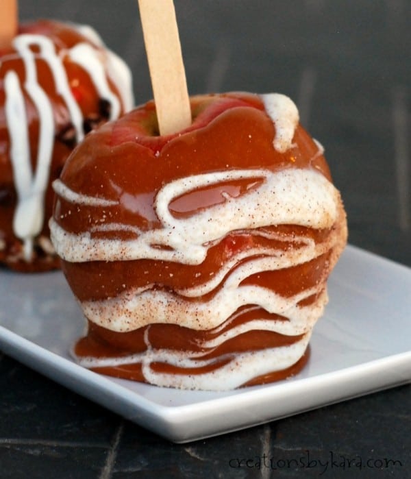 close up of apple dipped in caramel