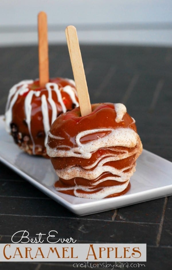 caramel apples with white chocolate and cinnamon sugar