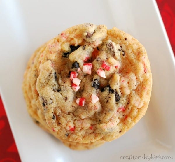 chocolate chip cookies with peppermint andes bits and oreos