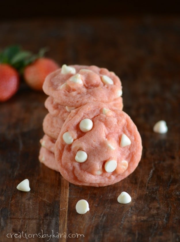 stack of strawberry cookies with white chocolate chips