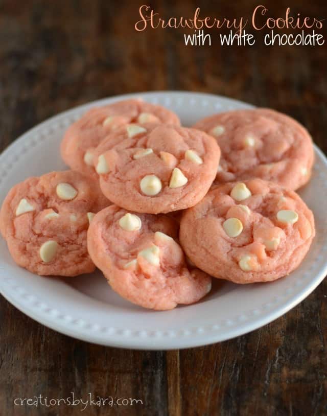 strawberry cookies with white chocolate on a plate