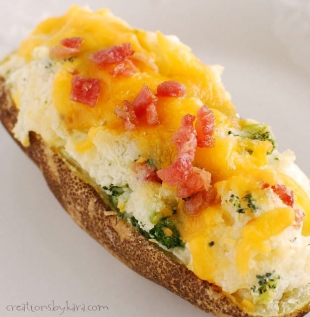 Twice Baked Potatoes with broccoli, cheese, and bacon. Delish!