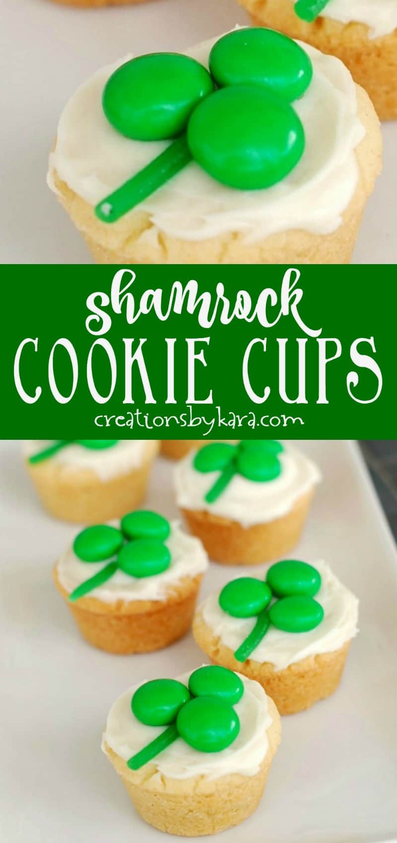 Shamrock Cookie Cups - A simple sugar cookie recipe jazzed up for St. Patrick's Day with candy on top. A cute and tasty treat! #stpatricksday #stpatricks #shamrocks #cookiecups
