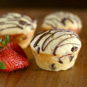 strawberry chocolate muffin with chocolate drizzle