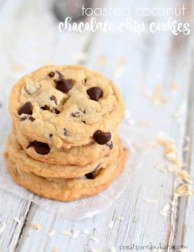 Toasted Coconut Chocolate Chip Cookies - these rich and buttery cookies are loaded with coconut and chocolate chips. #coconut #chocolatechipcookie