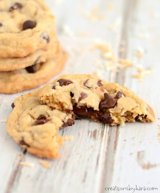 warm toasted coconut oil cookies with melting chocolate chips