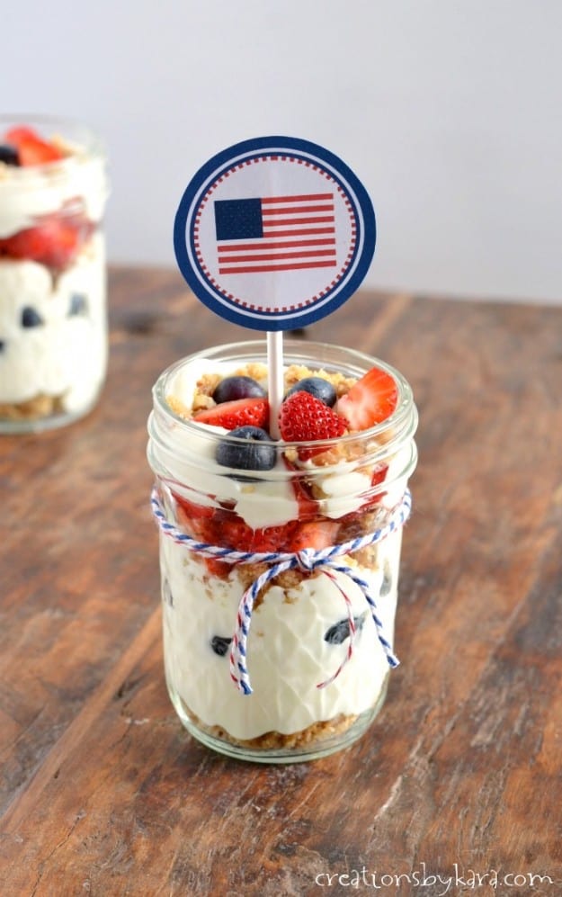 Mini 4th of July trifle topped with a patriotic treat topper