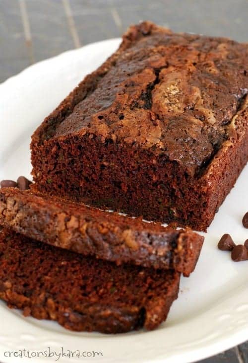 Chocolate Zucchini Bread with chocolate chips- a decadent way to eat up that extra zucchini!
