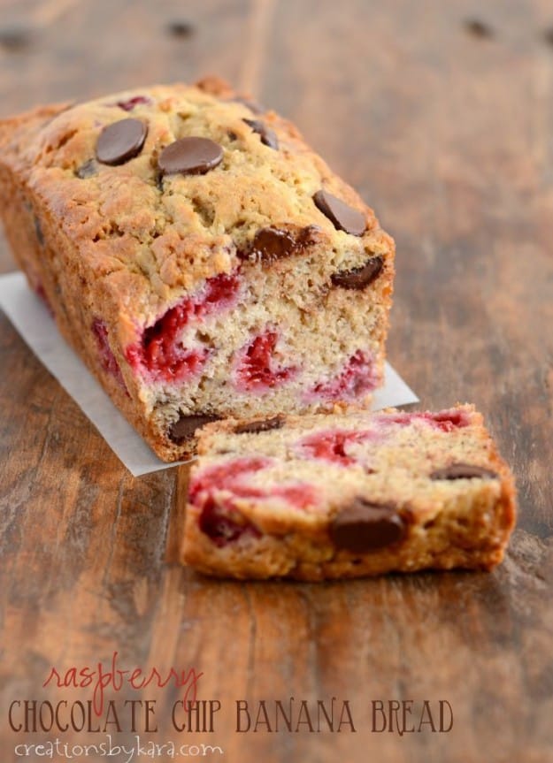sliced loaf of raspberry banana bread with chocolate chips