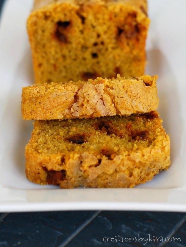 slices of pumpkin quick bread on a white tray