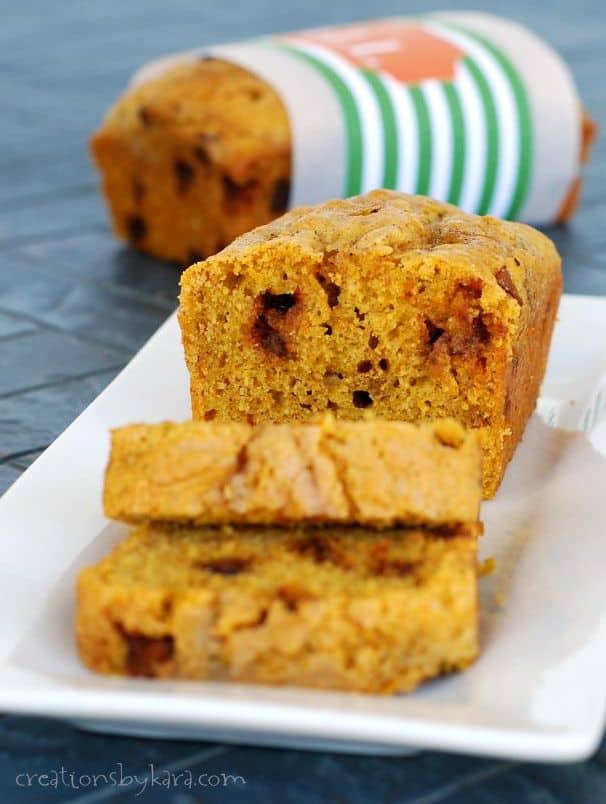 loaf of pumpkin bread with free printable fall bread wrapper