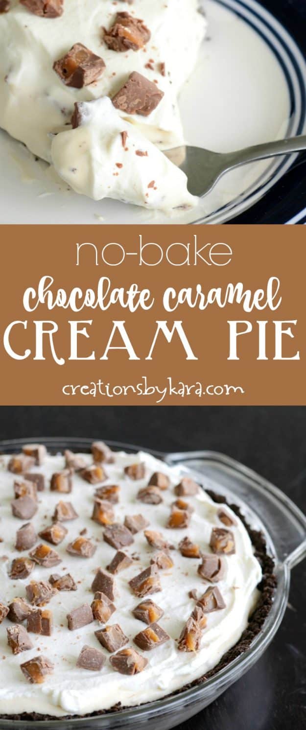 no bake chocolate caramel cream pie recipe collage