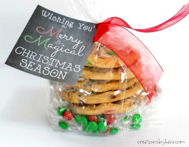 Free printable chalkboard Christmas gift tags on a bag of cookies