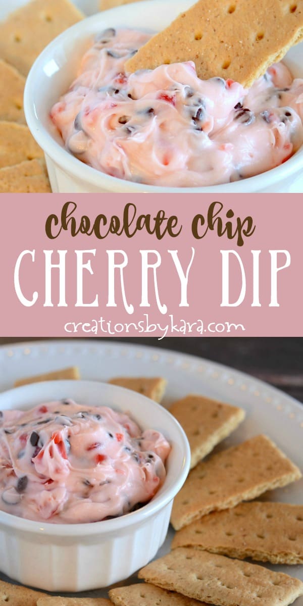 chocolate chip cherry cheesecake dip recipe collage