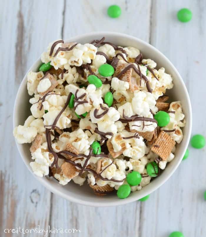 overhead shot of St. Patrick's Day snack mix