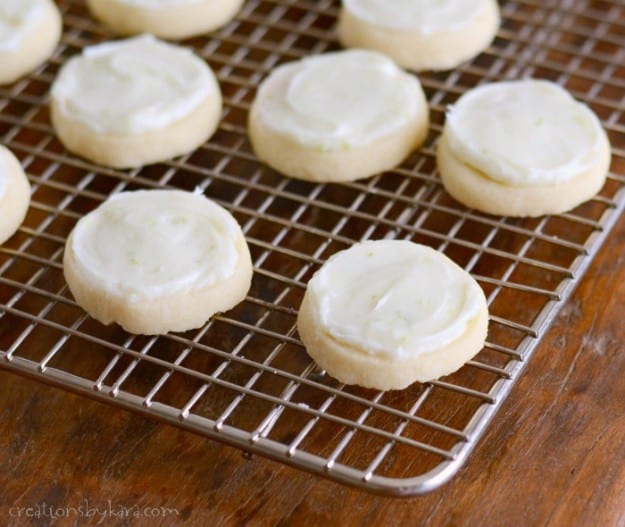 lime shortbread cookies on a cooling rack