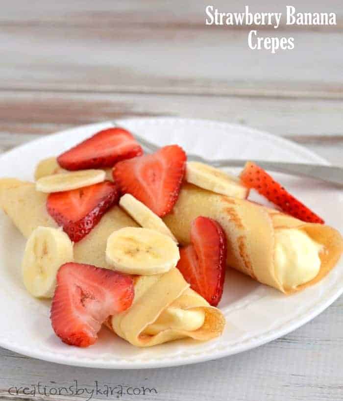 An easy crepe recipe -- Strawberry Banana Crepes with a cheesecake filling. These are divine!