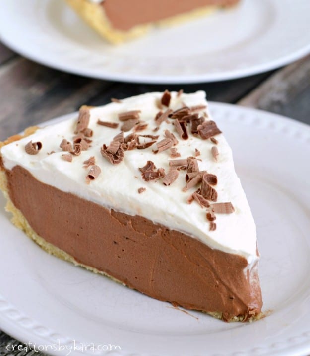slice of French Silk Pie topped with chocolate curls