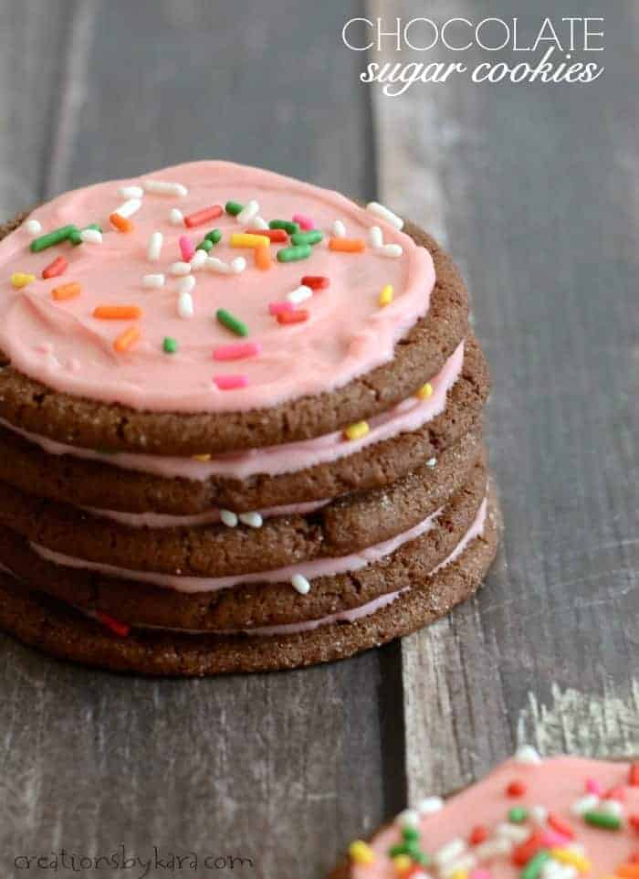 Recipe for chocolate sugar cookies with frosting and sprinkles. Sure to become a favorite!