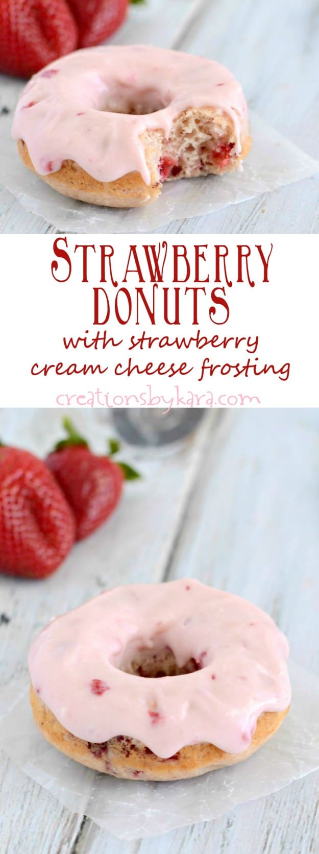 strawberry donuts with strawberry cream cheese frosting recipe collage