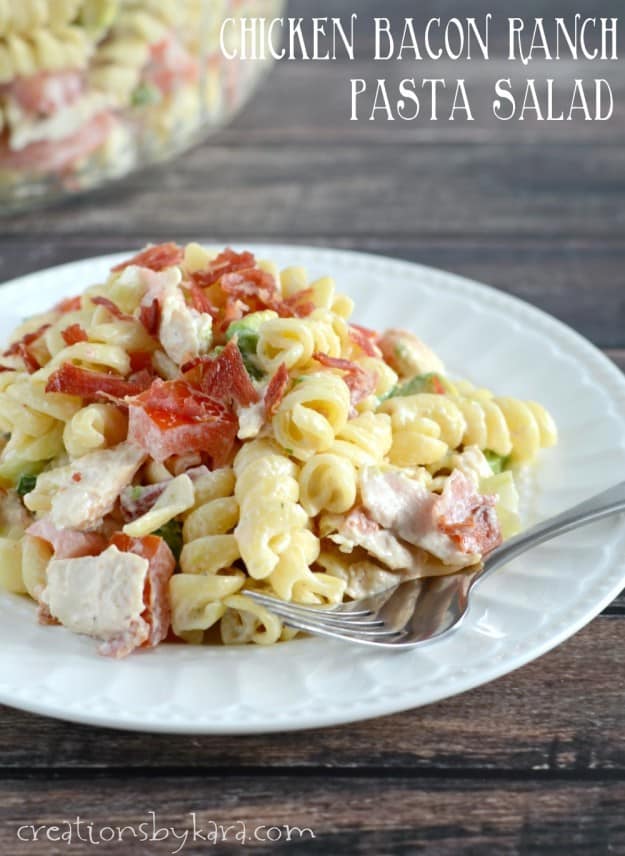 Loaded with yummy ingredients, this Chicken Bacon Ranch Pasta Salad is sure to become a favorite salad recipe!