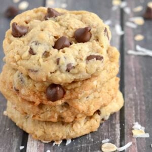 Crisp on the edges, chewy in the center, these coconut oatmeal chocolate chip cookies are to die for!