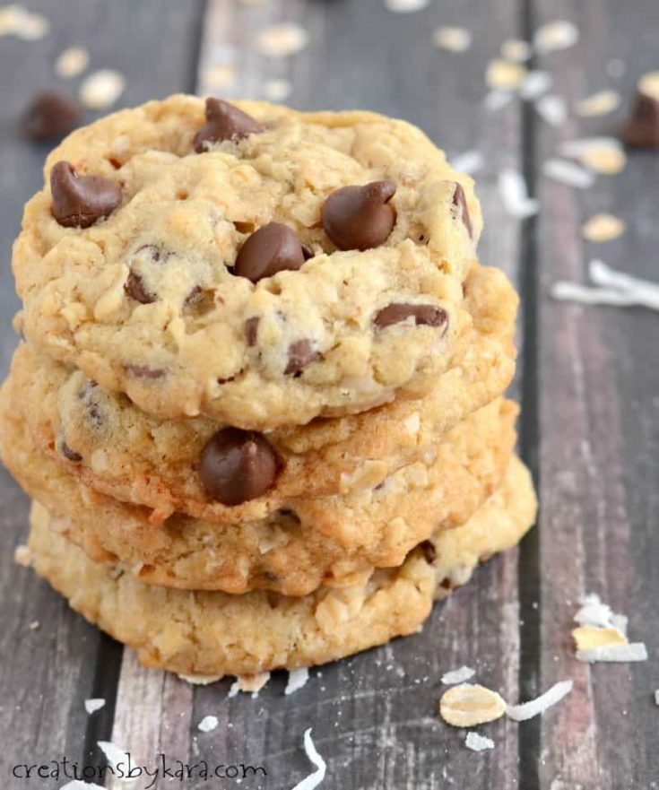 Crisp on the edges, chewy in the center, these coconut oatmeal chocolate chip cookies are to die for!