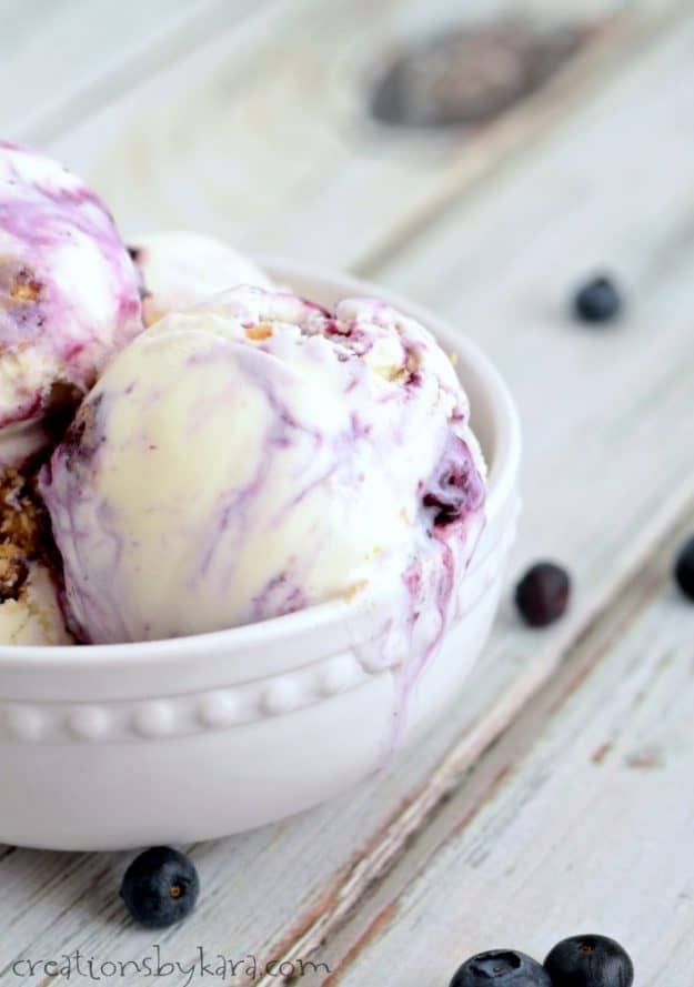 bowl of ice cream with blueberries, graham crackers, and a touch of lemon