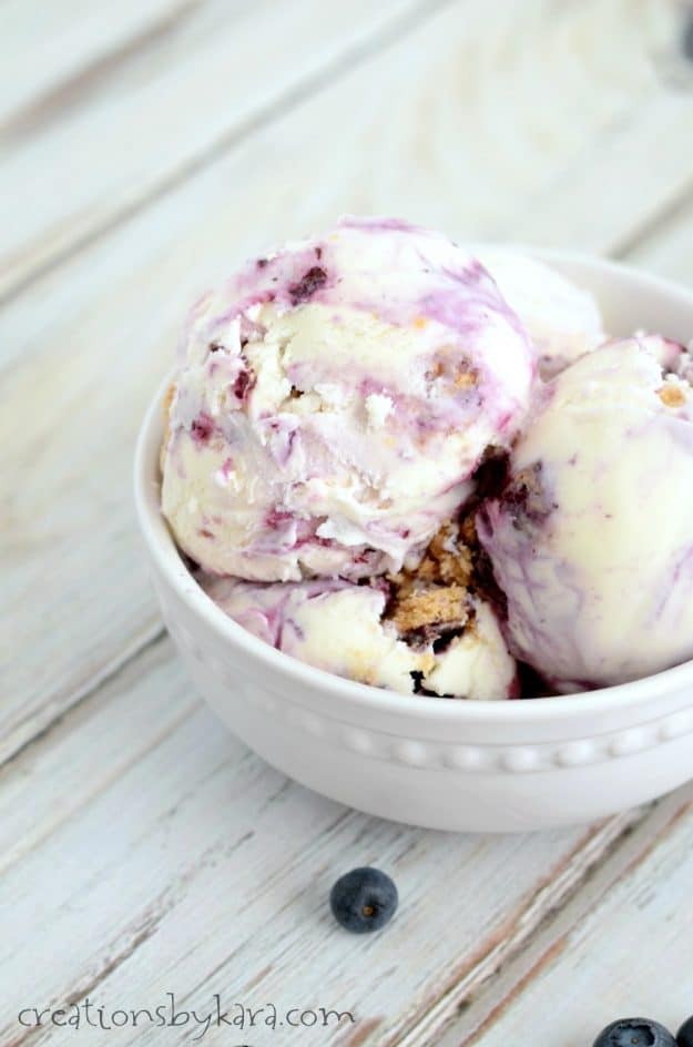 white bowl filled with blueberry cheesecake ice cream