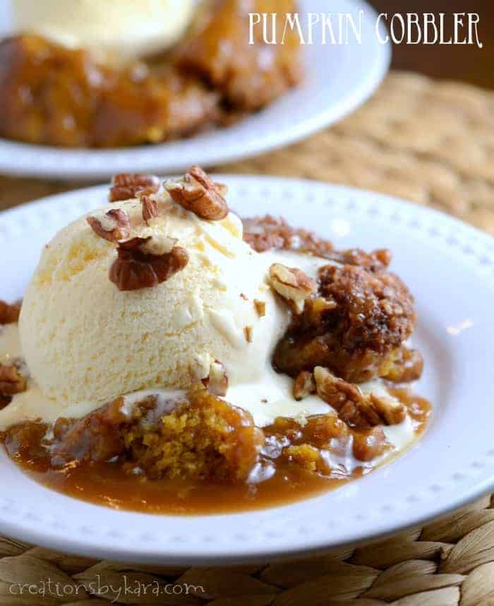 This pumpkin cobbler is so simple, but absolutely scrumptious! Vanilla ice cream is a must with this fall dessert!