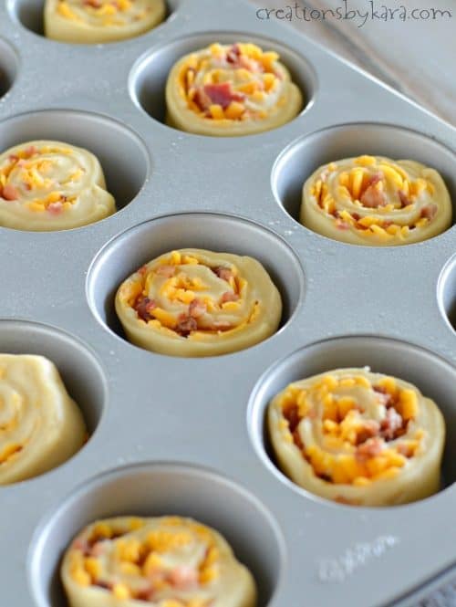 rolled up dough with bacon and cheese in muffin tins 