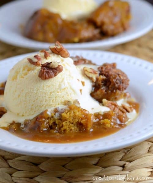 Recipe for absolutely delicious Pumpkin Cobbler. A perfect fall dessert. Vanilla ice cream is a must!