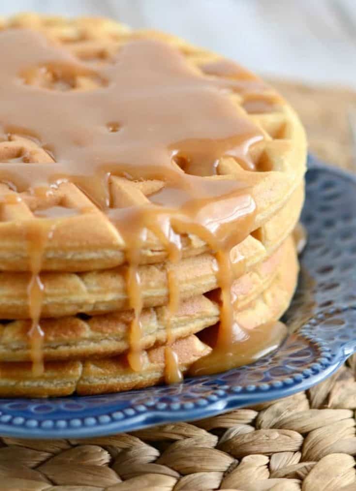 Recipe for peanut butter waffles with peanut butter syrup.