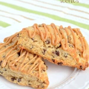 Soft and tender, these Chocolate Chip Peanut Butter Scones are hard to resist. The peanut butter glaze makes them extra tasty. A superb scone recipe!