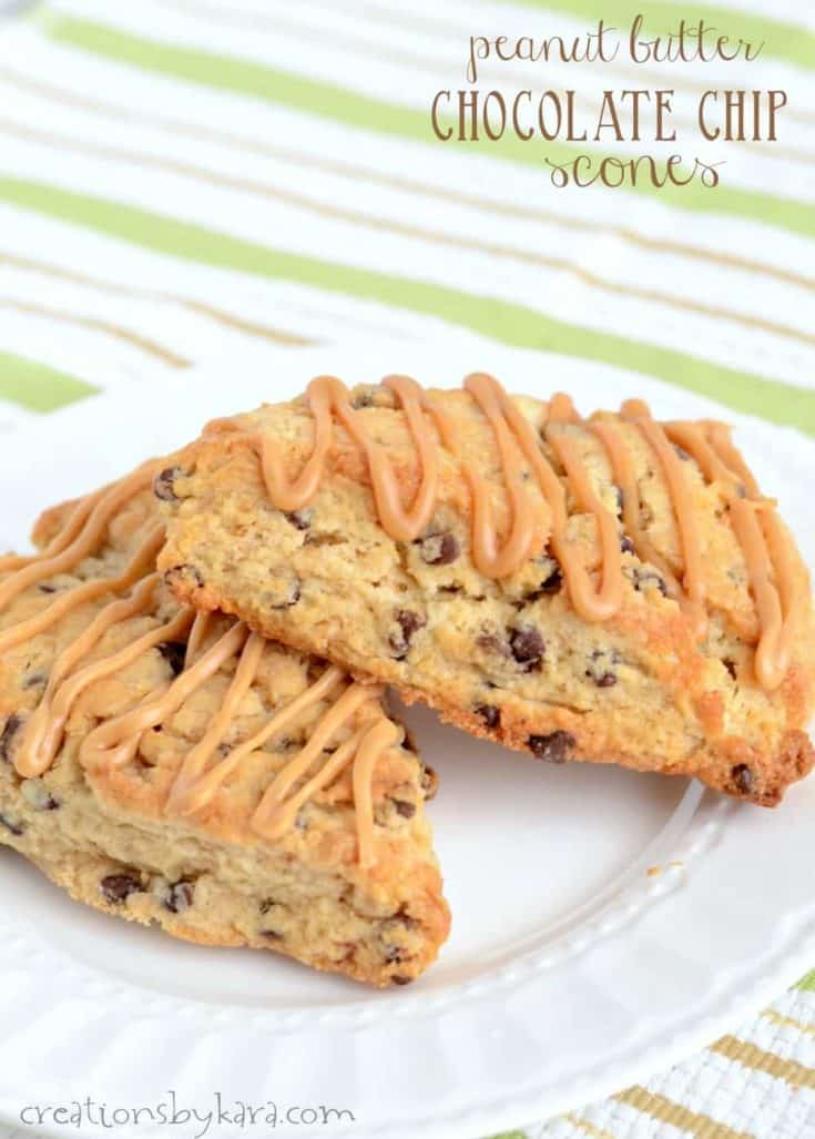 Soft and tender, these Chocolate Chip Peanut Butter Scones are hard to resist. The peanut butter glaze makes them extra tasty. A superb scone recipe!