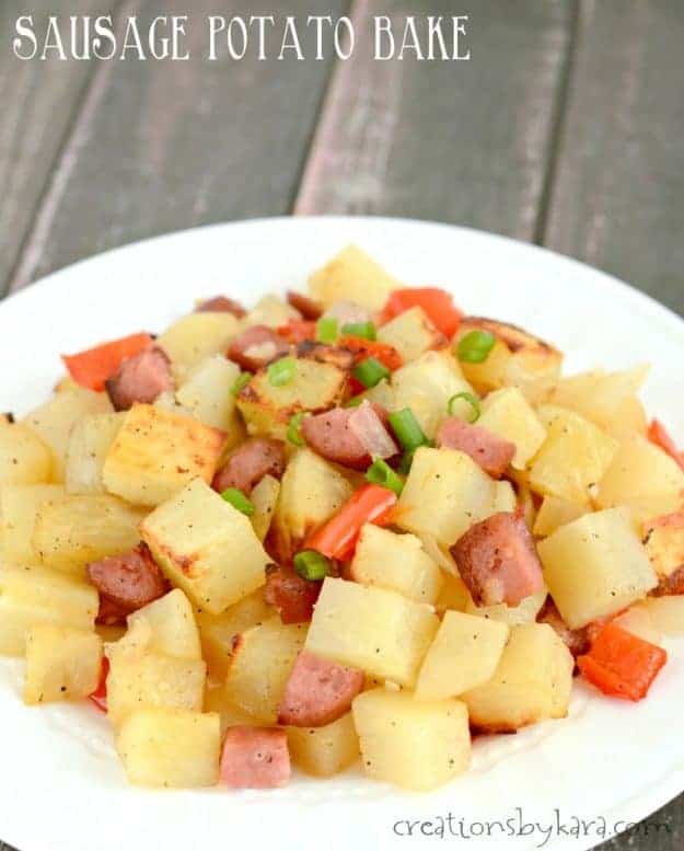 Sausage Potato Bake is a hearty and delicious one pan meal. Great for family dinners and potlucks!