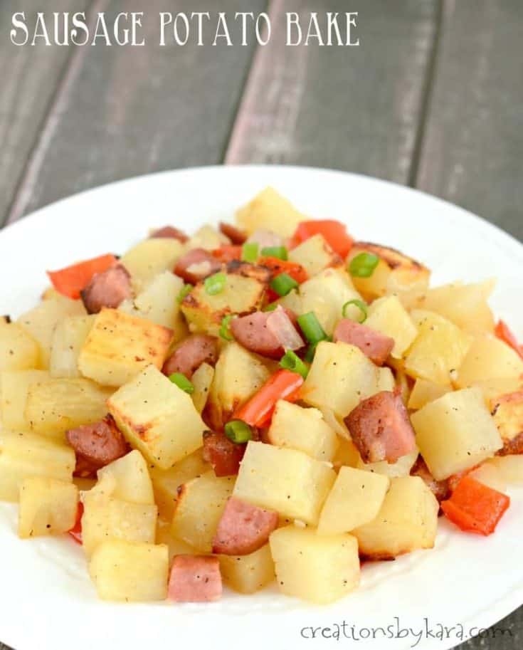 Sausage Potato Bake is a hearty and delicious one pan meal. Great for family dinners and potlucks!