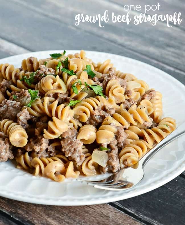 one pot ground beef stroganoff on a plate titled