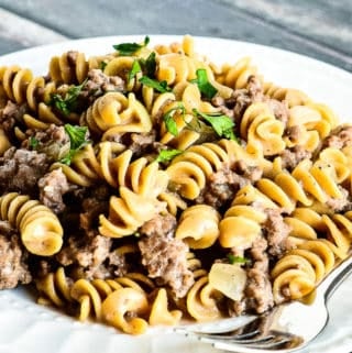 one pot hamburger stroganoff on a plate