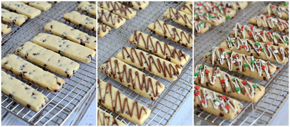 steps for drizzling chocolate chip cookie strips with chocolate and sprinkles