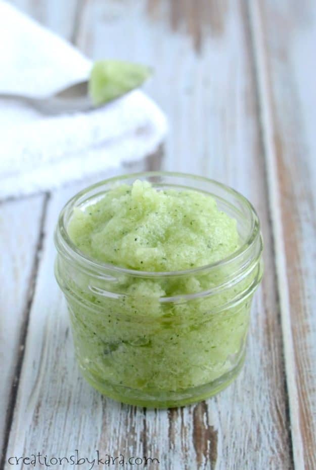close up of cucumber mint sugar scrub in a jar