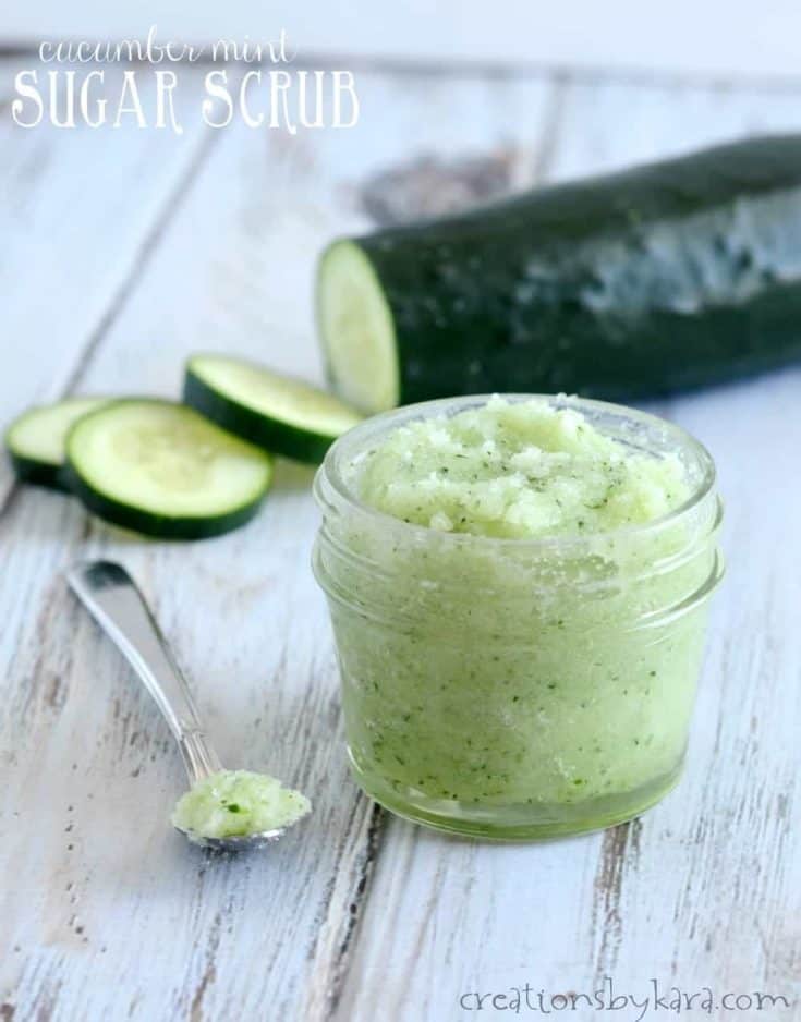 Get rid of dry flaky skin with this Cucumber Mint Sugar Scrub. Makes a great gift and only takes a few minutes to make!