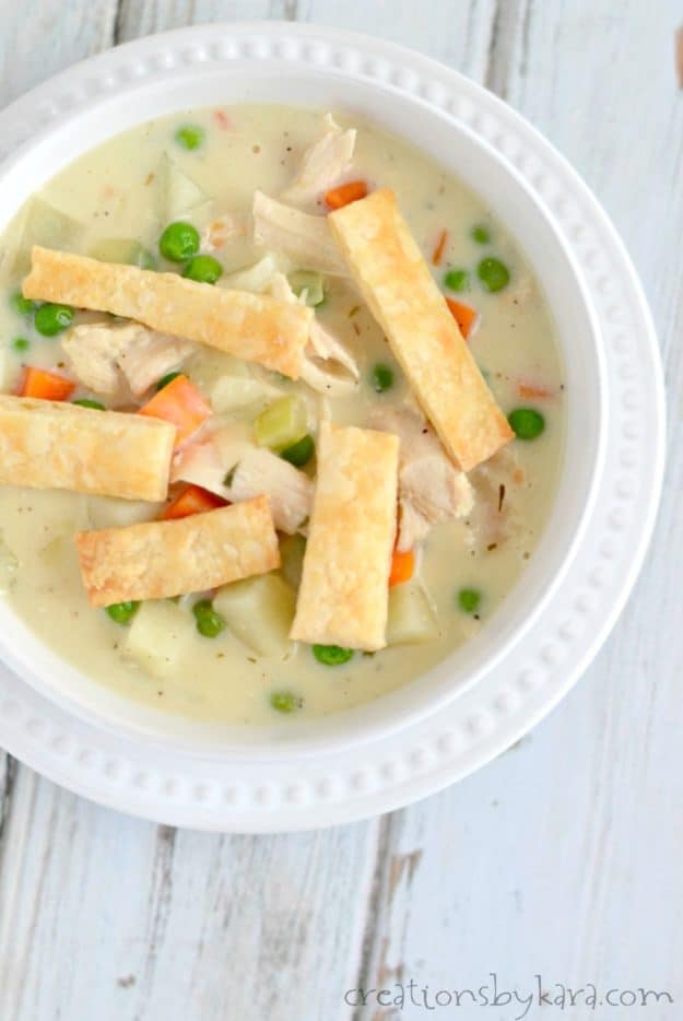 overhead shot of chicken soup with strips of pie crust
