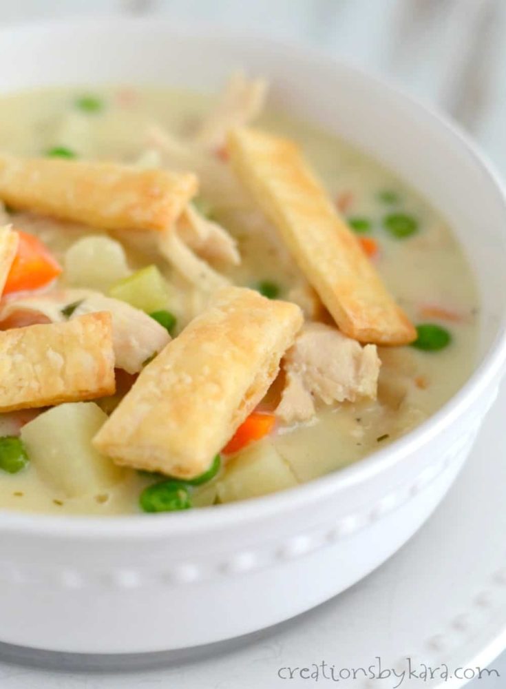 Chicken Pot Pie Soup served with crispy, buttery pie crust strips. A delicious soup recipe the whole family will enjoy.