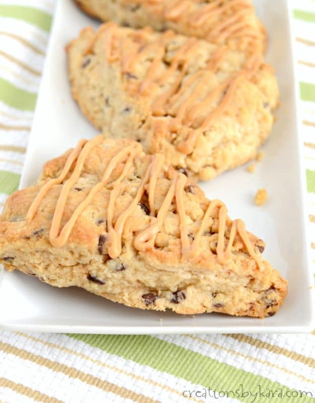 chocolate chip peanut butter scones on a tray