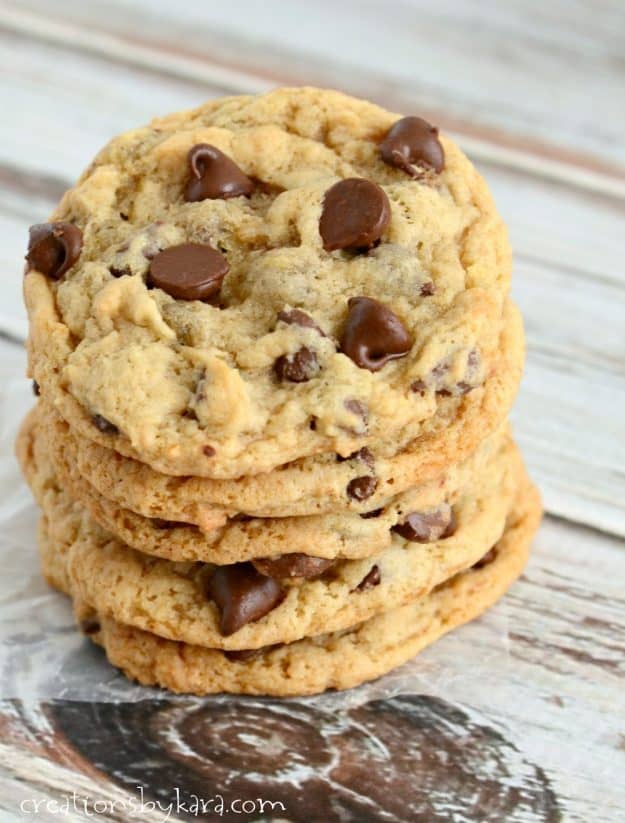 overhead shot of stack of banana cookies with chocolate chips